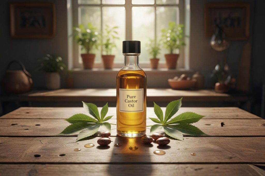 یک شیشه روغن کرچک روی میز